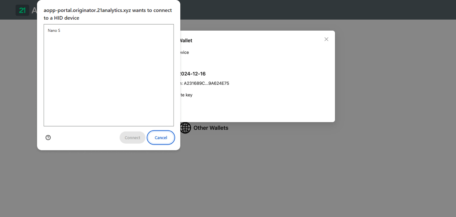 Pop-up message requesting to connect to Ledger Nano S.