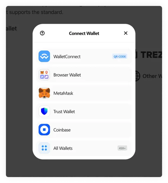 A modal showing the WalletConnect wallets