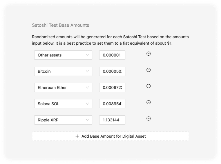 Satoshi Test settings with optional selected DTI Assets