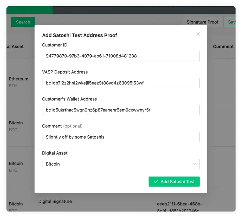 Satoshi Test settings with optional selected DTI Assets