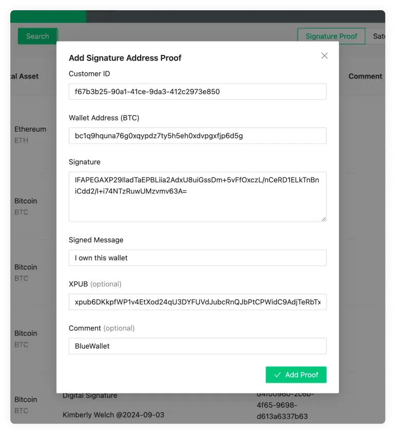 Satoshi Test settings with optional selected DTI Assets