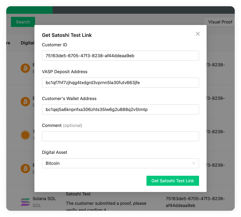 Satoshi Test settings with optional selected DTI Assets