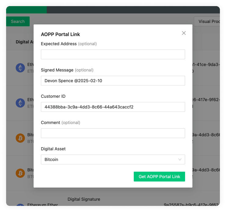 AOPP Portal modal with expected address field