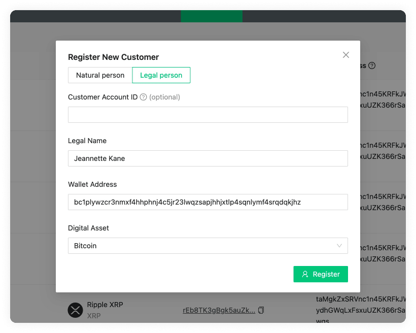 Legal Person option in Add Customer modal