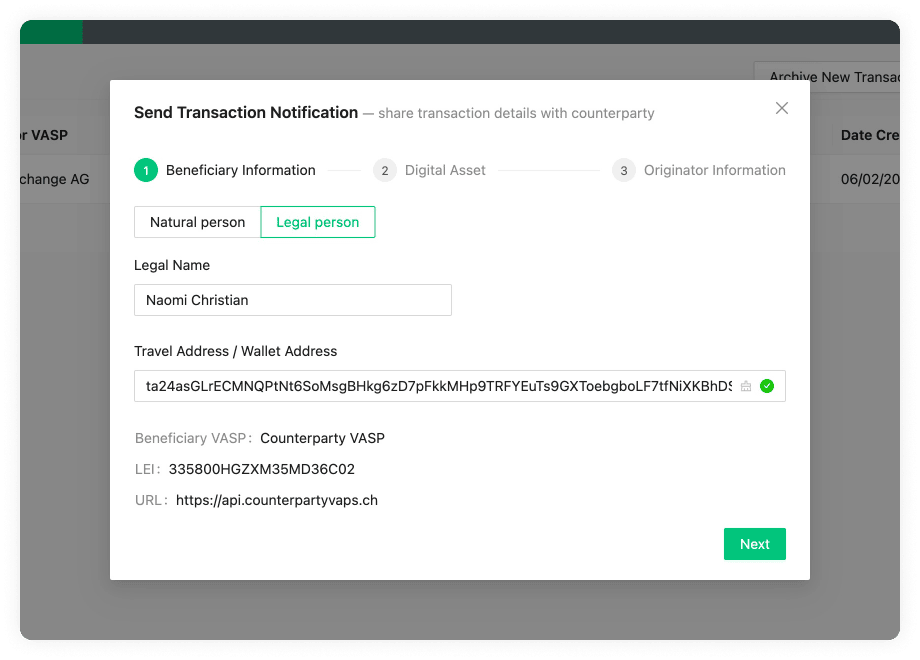 Legal Person option in Send New Transaction modal